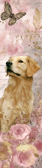 Free dog bookmarks featuring a pink and gold golden retreiver bookmark